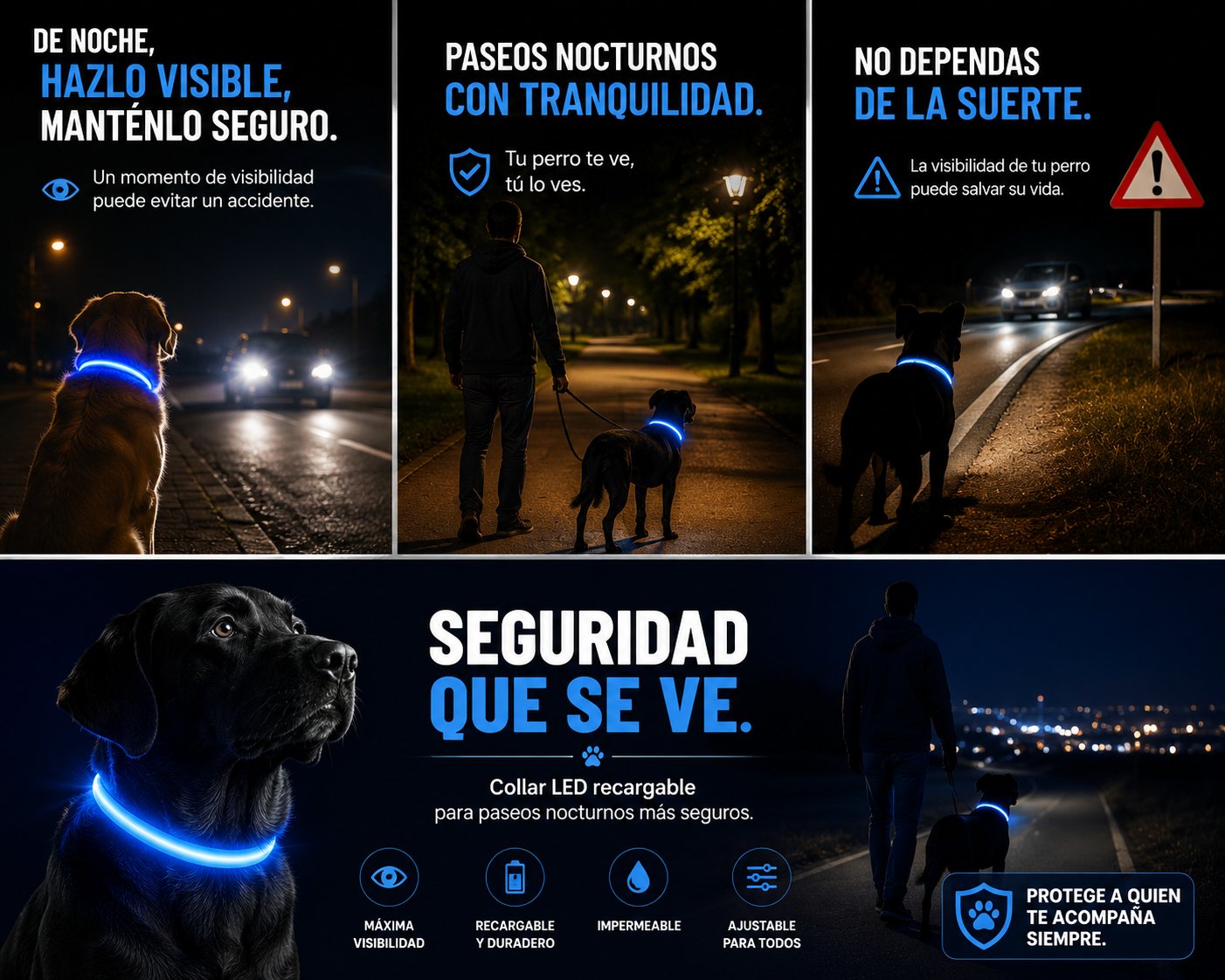 Collar LED azul para perro brillando en la oscuridad durante un paseo nocturno