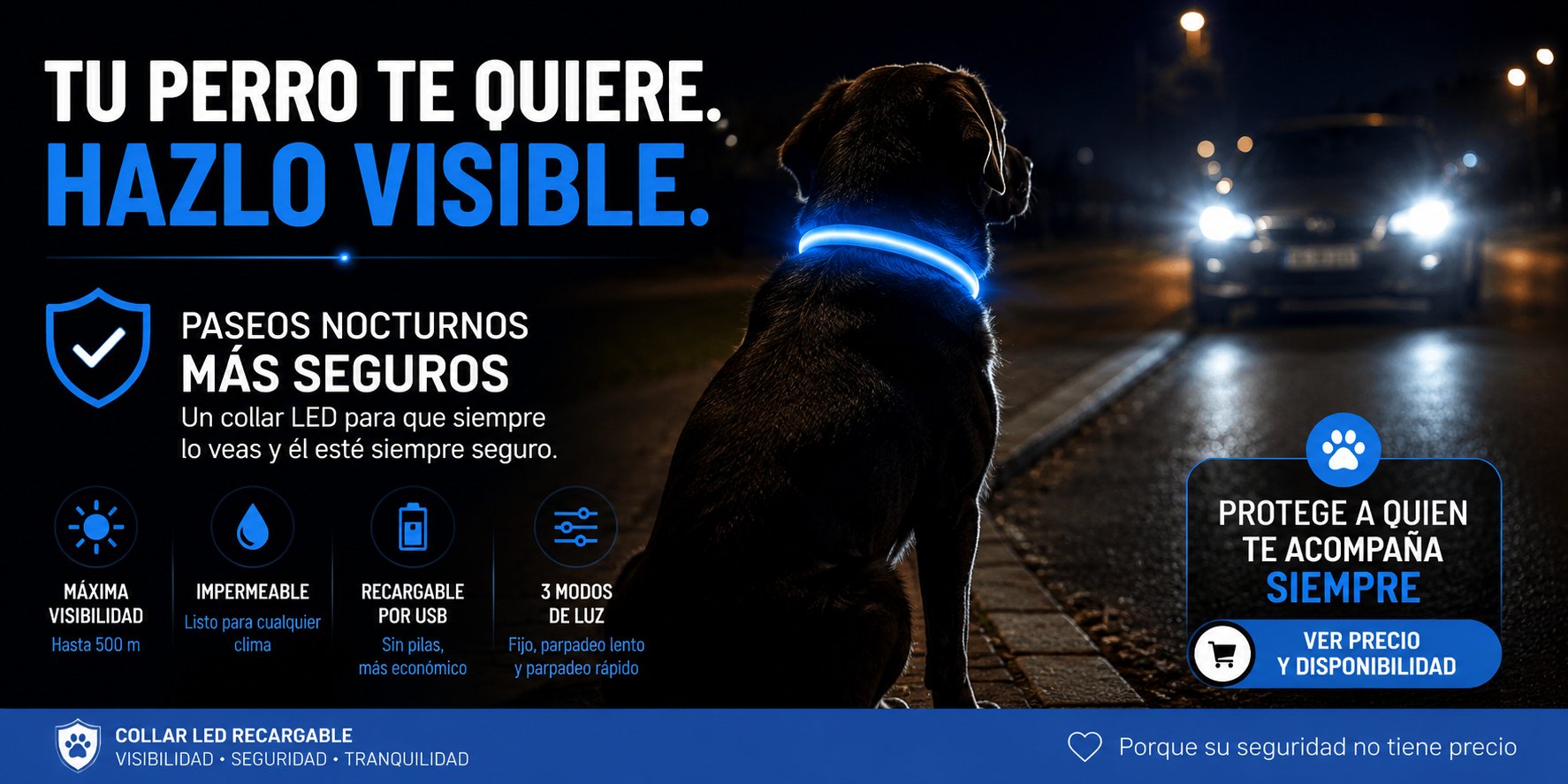 Perro con collar LED luminoso durante paseo nocturno en la ciudad