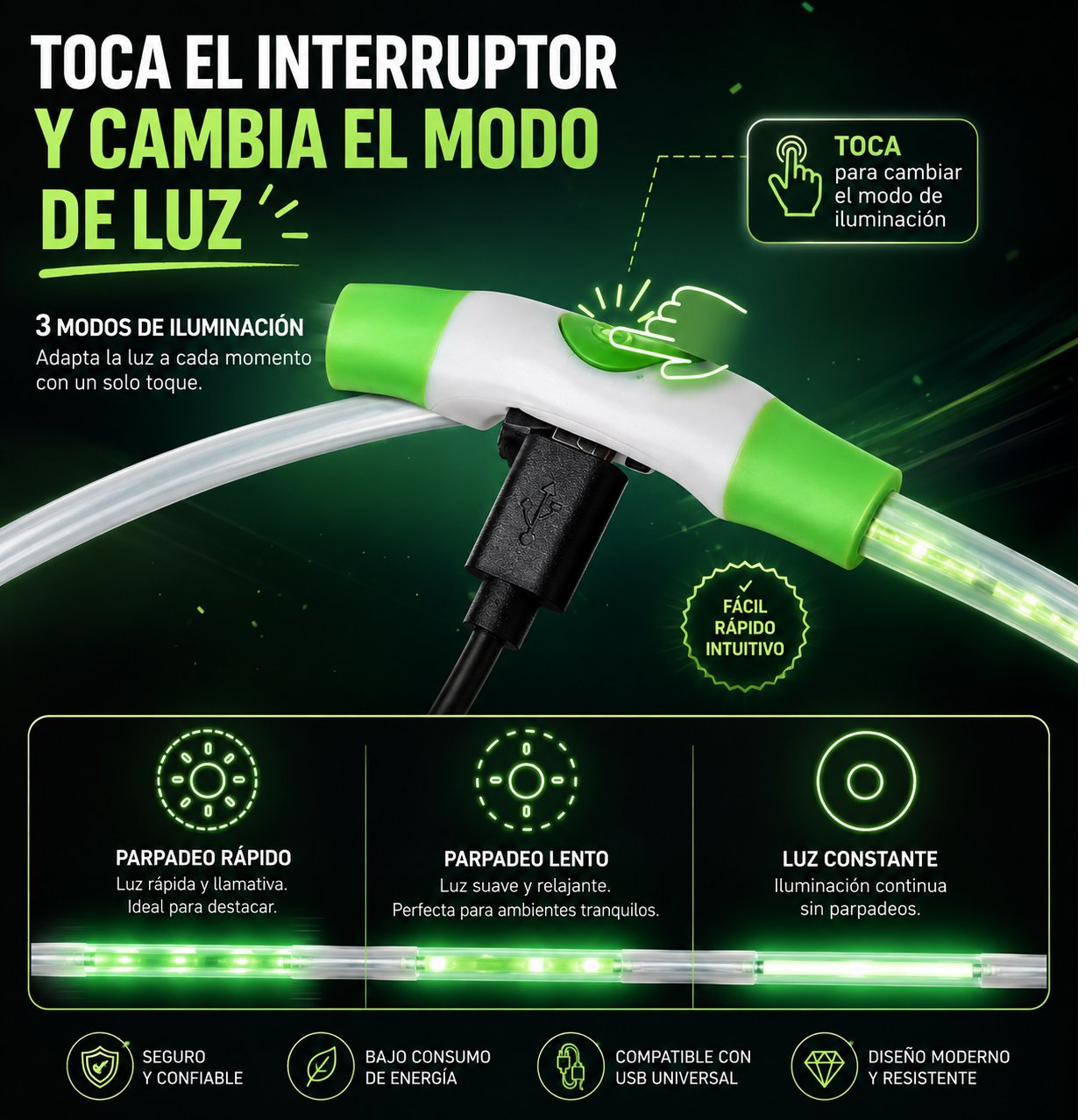 Collar LED verde recargable para perros vista del producto